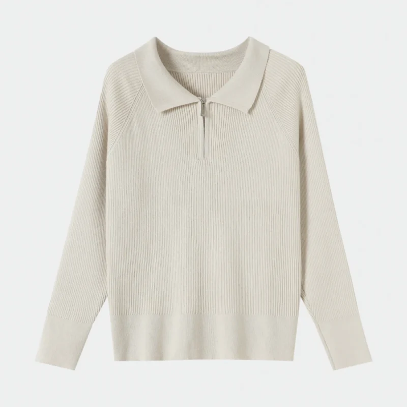 beige half zip polo knit top