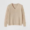 beige lace sleeve v neck sweater