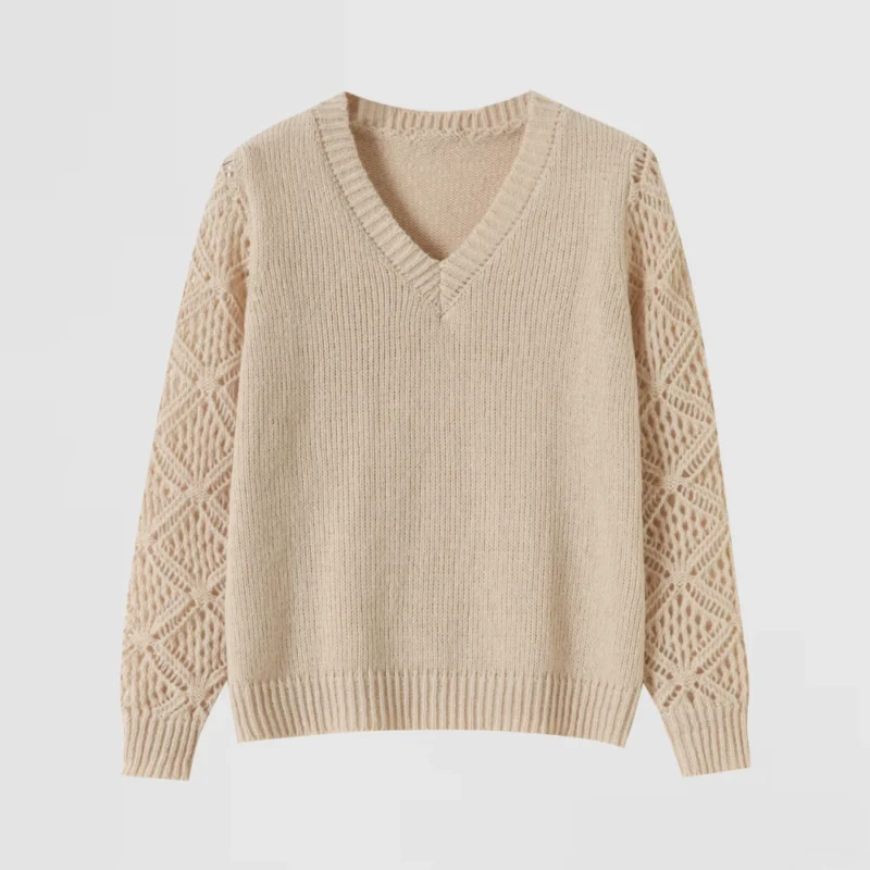 beige lace sleeve v neck sweater